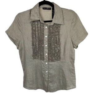 EUC 100% Linen Tan Vintage Tuxedo Ruffle Button Down Blouse Top Medium Y2K Fit